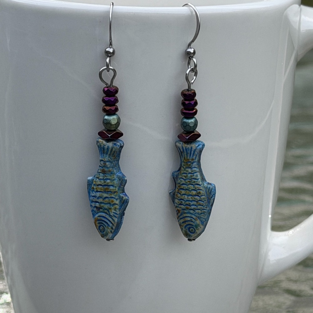 Handcrafted Blue Fish Dangle Earrings - Picture 5 of 7